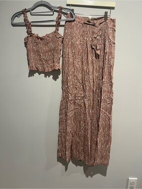 mahina Pink Brown Two-Piece Smocked Crop Top & Wide Leg Pants Set